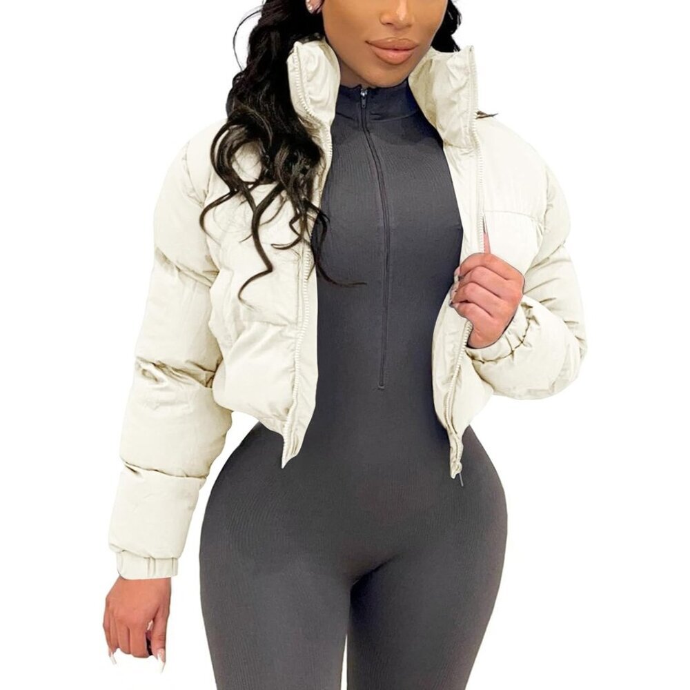 〽️Women’s Beige Gihuo Cropped Puffer Zip-Up Quilted Winter Bubble Jacket